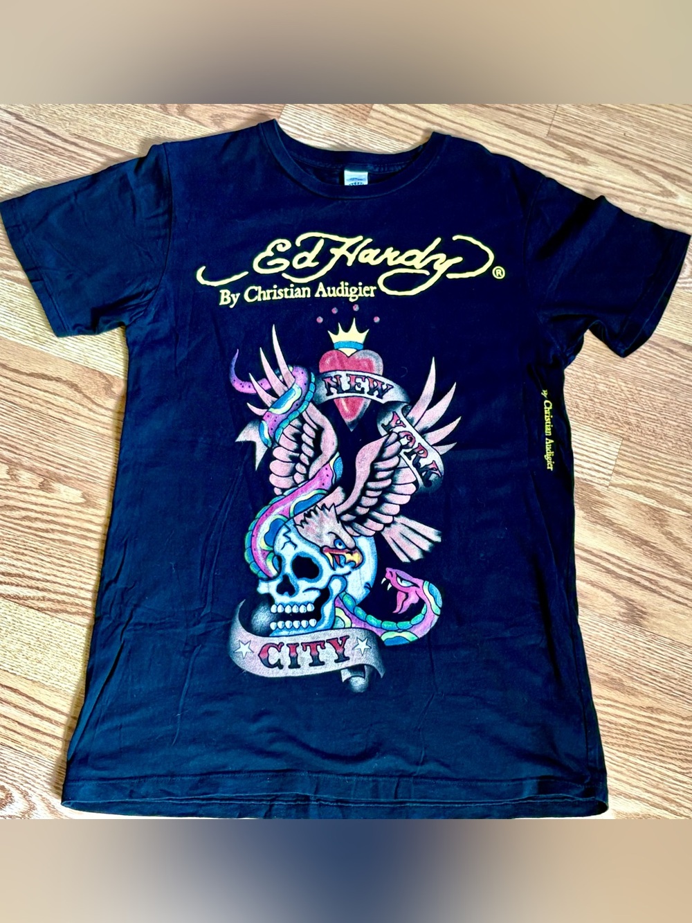 Y2K Christian Audigier Black Graphic New York City Winged Skull & Heart Tee